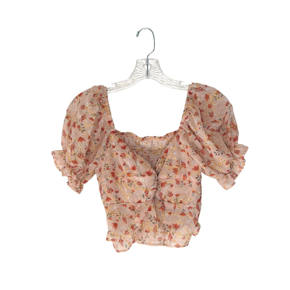 Dazy Crop Top Sheer Floral Smocked Fairy Whimsical Dainty Puff Sleeve Small